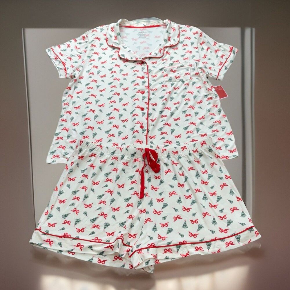 Sam & Olivia Christmas Three And Red Bows Print Women’s Pajama Set Size XL